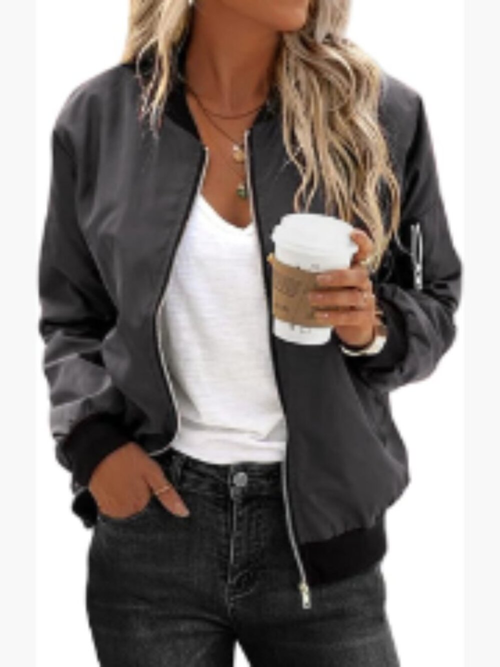 Polyester Bomber Jacket with Pockets, Zip Up Casual Coat